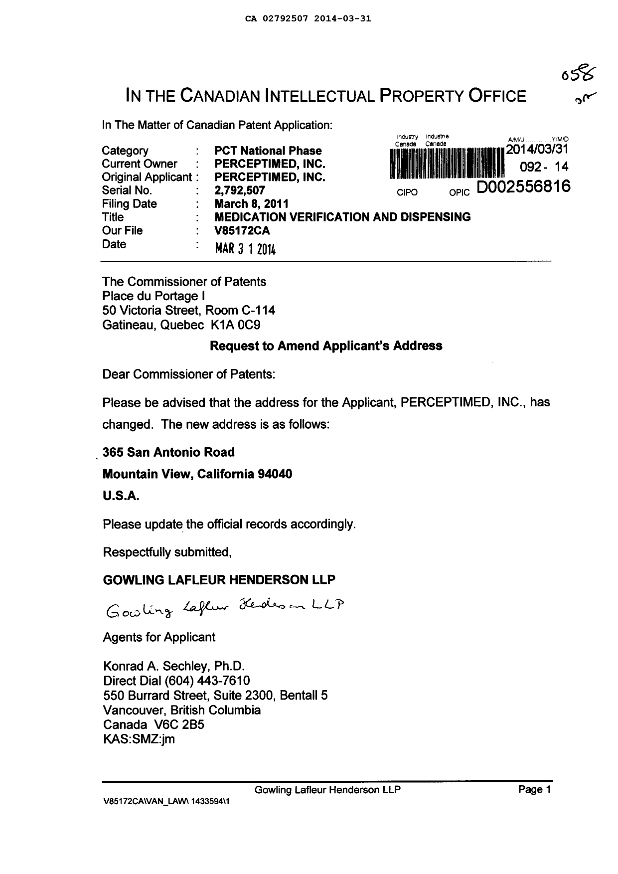 Canadian Patent Document 2792507. Correspondence 20140331. Image 1 of 1
