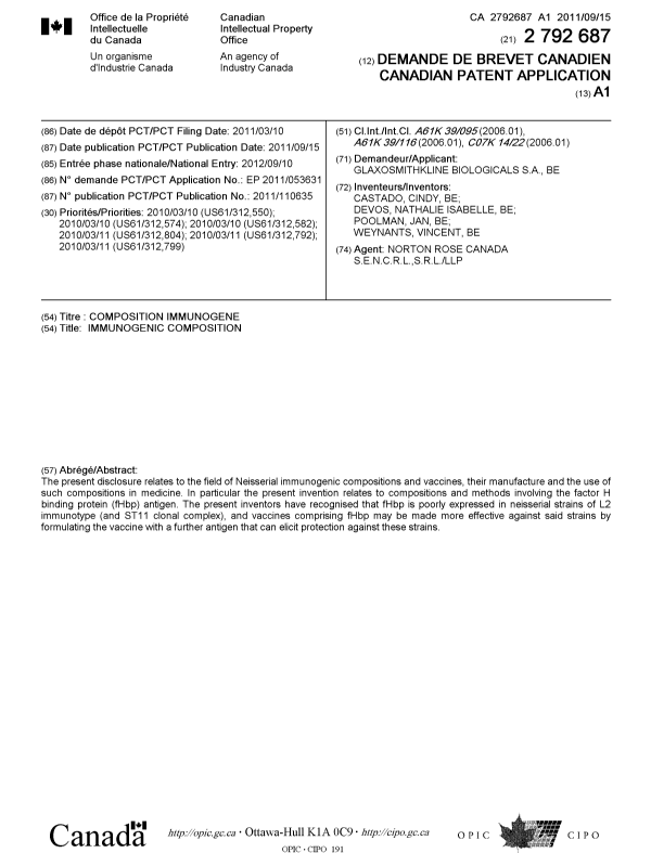 Canadian Patent Document 2792687. Cover Page 20111208. Image 1 of 1