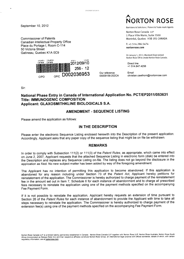 Canadian Patent Document 2792687. Prosecution-Amendment 20111210. Image 1 of 2
