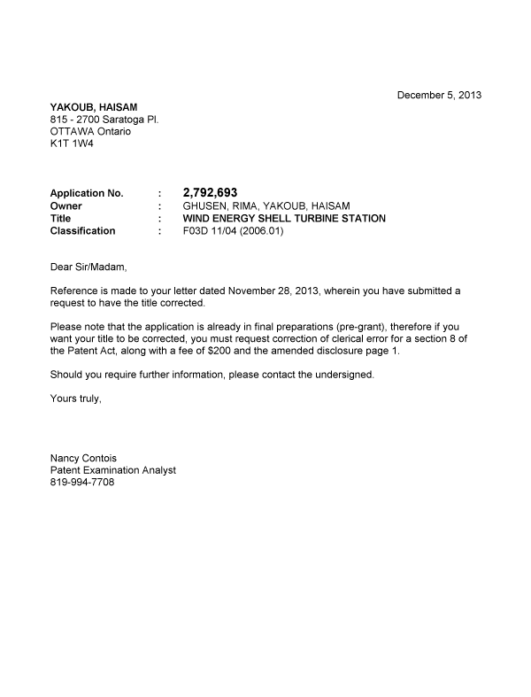 Document de brevet canadien 2792693. Correspondance 20121205. Image 1 de 1