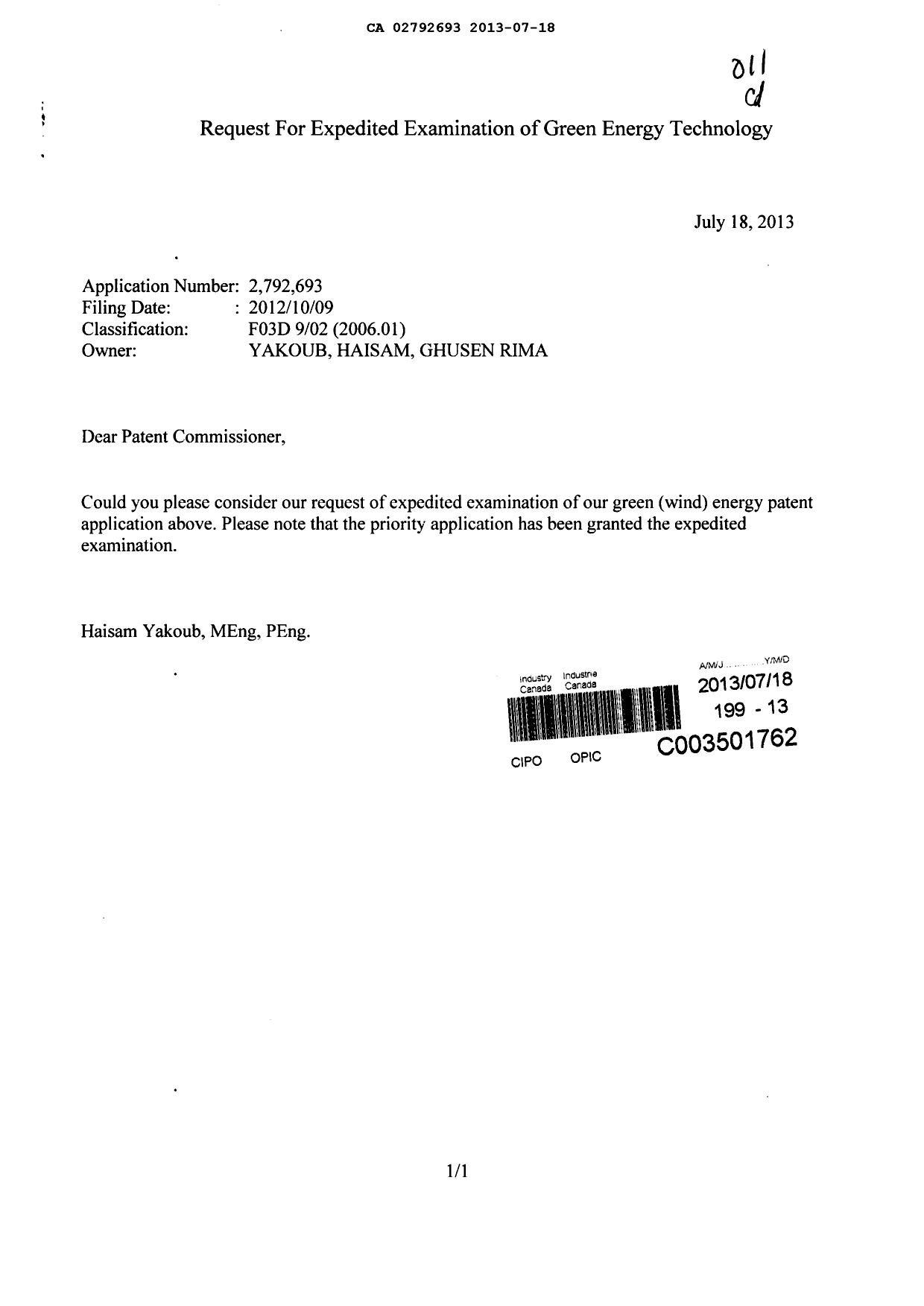 Canadian Patent Document 2792693. Prosecution-Amendment 20121218. Image 1 of 2