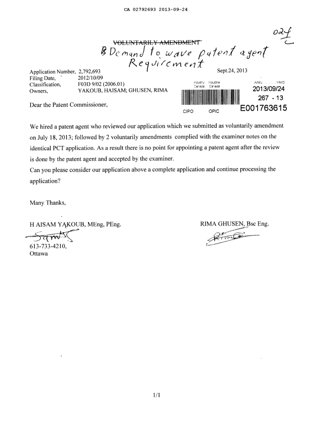 Document de brevet canadien 2792693. Correspondance 20121224. Image 1 de 1