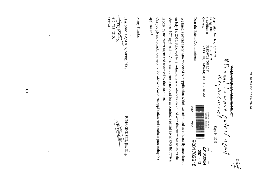 Document de brevet canadien 2792693. Correspondance 20130924. Image 1 de 1