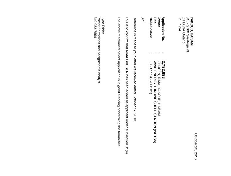 Document de brevet canadien 2792693. Correspondance 20131023. Image 1 de 1