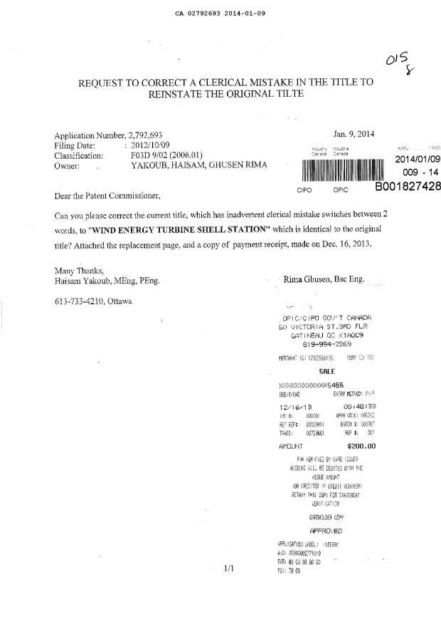 Document de brevet canadien 2792693. Poursuite-Amendment 20140109. Image 1 de 2