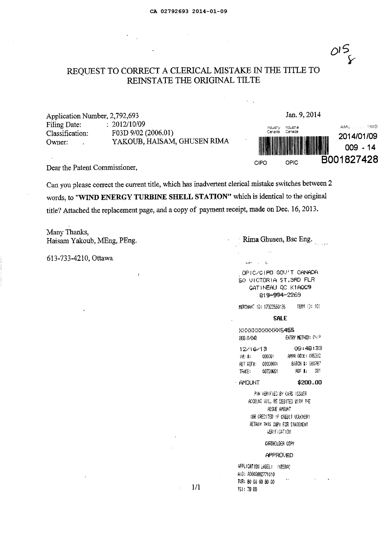 Document de brevet canadien 2792693. Poursuite-Amendment 20140109. Image 1 de 2