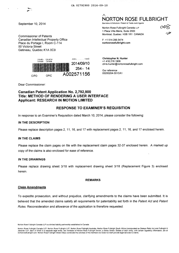 Document de brevet canadien 2792900. Poursuite-Amendment 20140910. Image 1 de 26