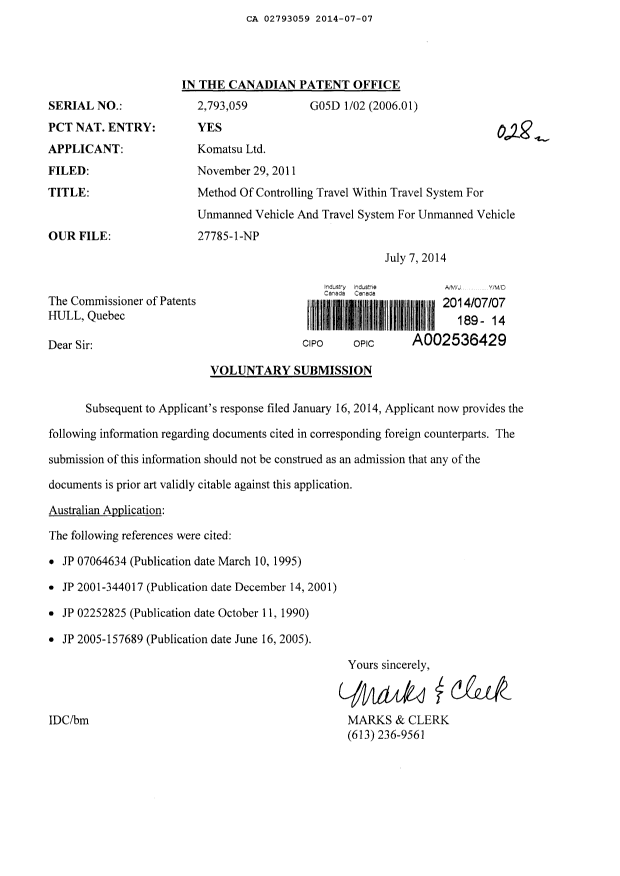 Canadian Patent Document 2793059. Correspondence 20140707. Image 1 of 1