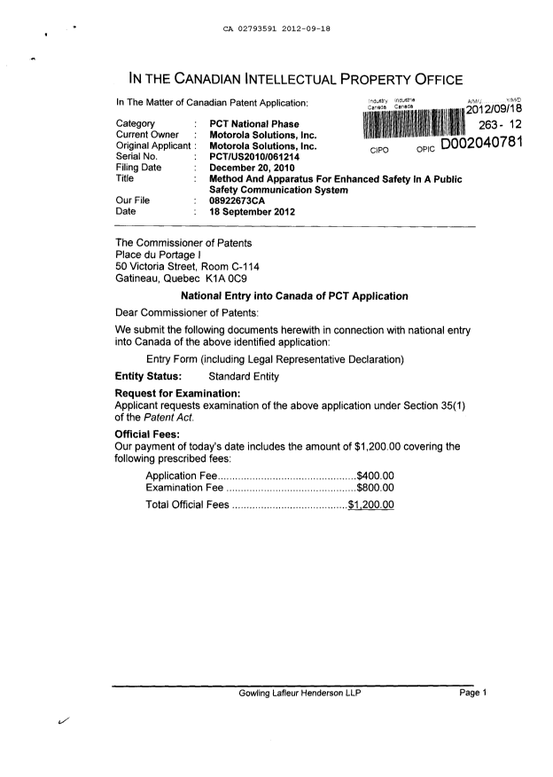 Document de brevet canadien 2793591. Cession 20120918. Image 1 de 3