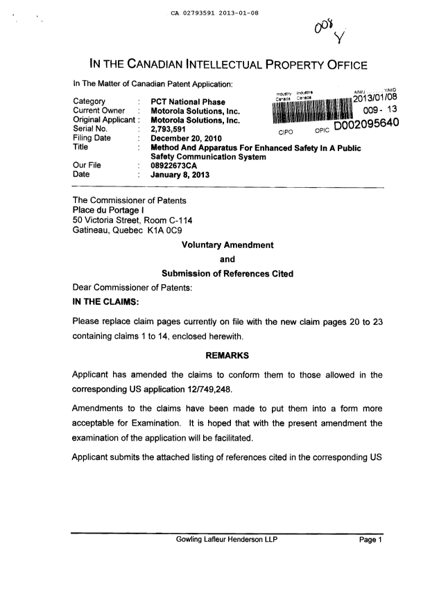 Document de brevet canadien 2793591. Poursuite-Amendment 20130108. Image 1 de 6