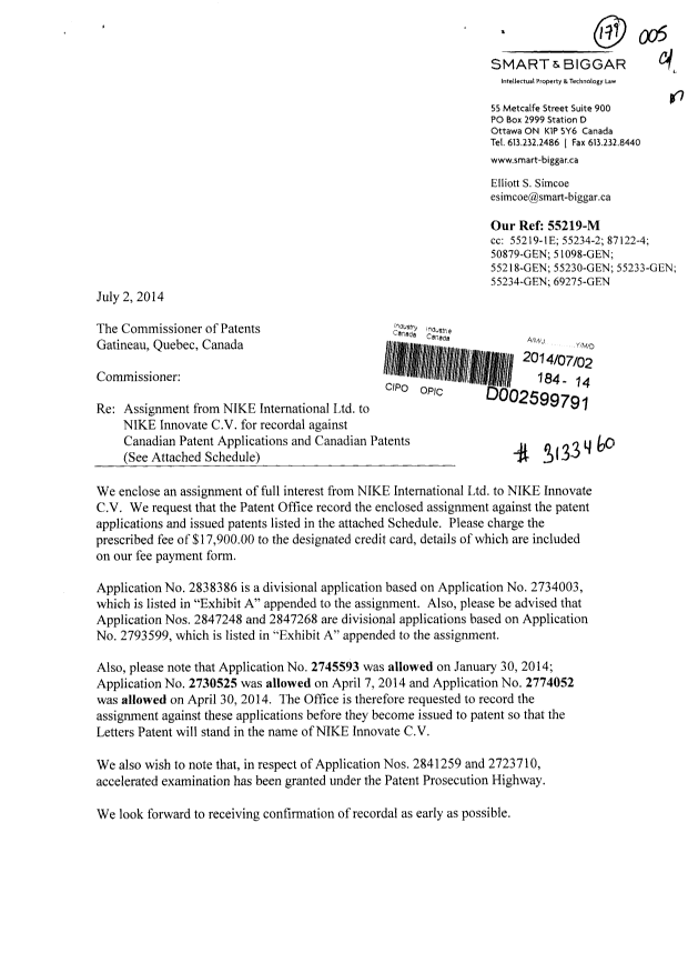 Document de brevet canadien 2793599. Cession 20140702. Image 1 de 20