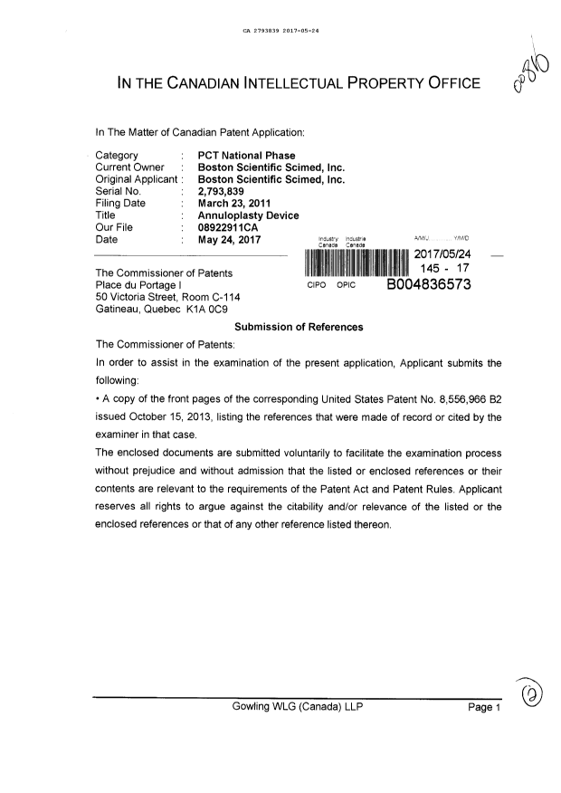 Canadian Patent Document 2793839. Prosecution-Amendment 20161224. Image 1 of 2