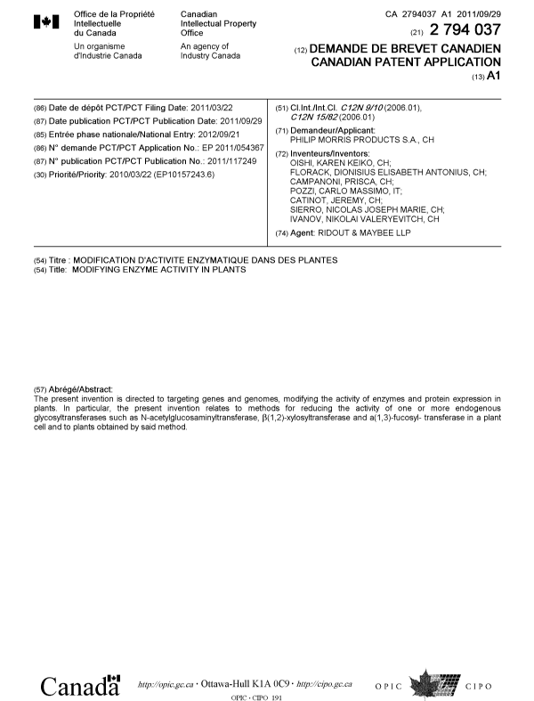 Document de brevet canadien 2794037. Page couverture 20121120. Image 1 de 1