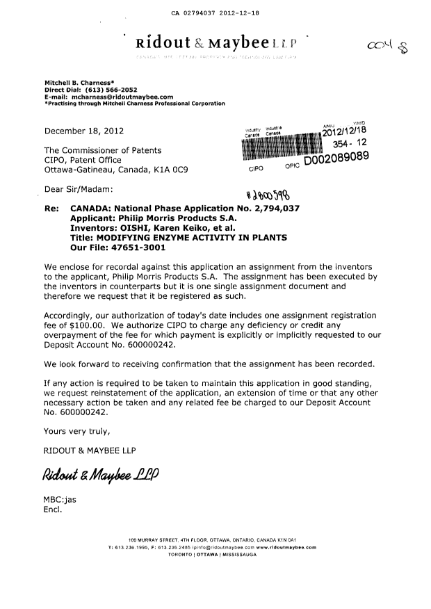 Document de brevet canadien 2794037. Cession 20121218. Image 1 de 15