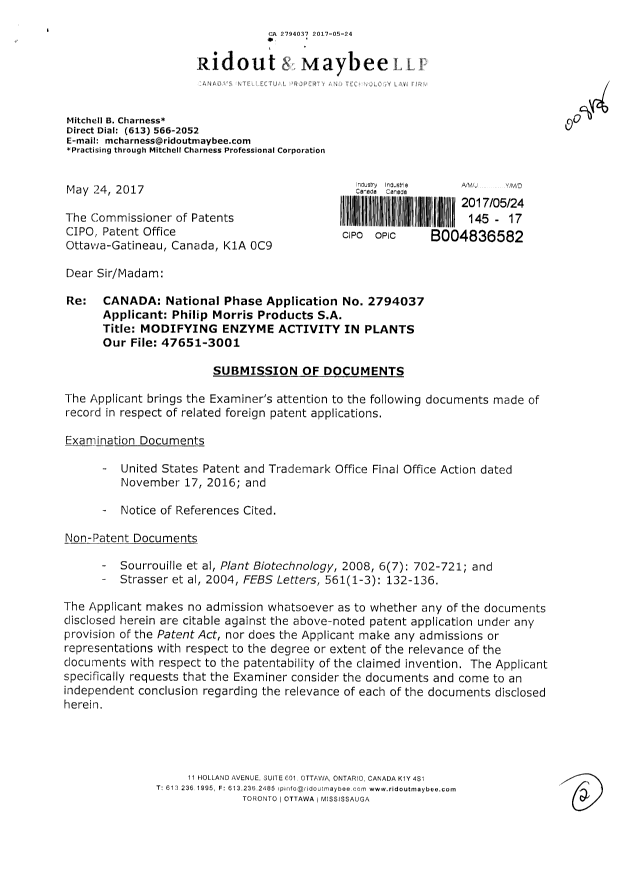 Document de brevet canadien 2794037. Modification 20170524. Image 1 de 2