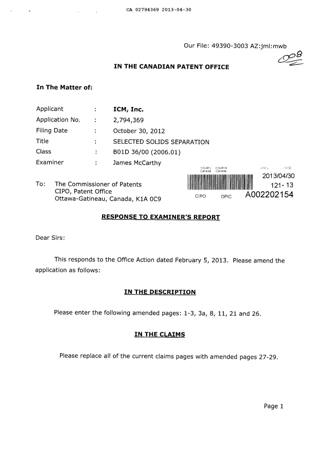 Canadian Patent Document 2794369. Prosecution-Amendment 20121230. Image 1 of 28