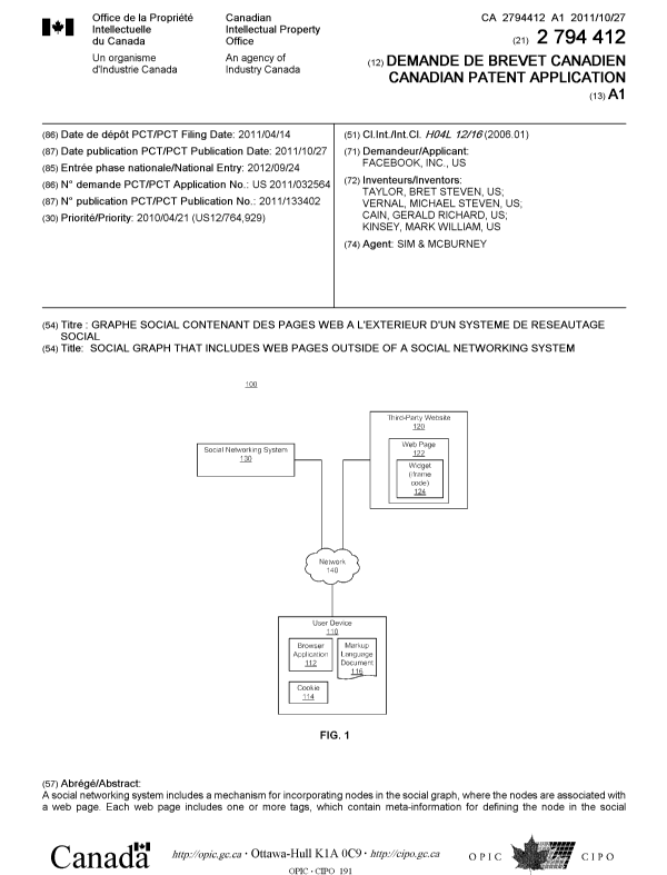 Document de brevet canadien 2794412. Page couverture 20121123. Image 1 de 2