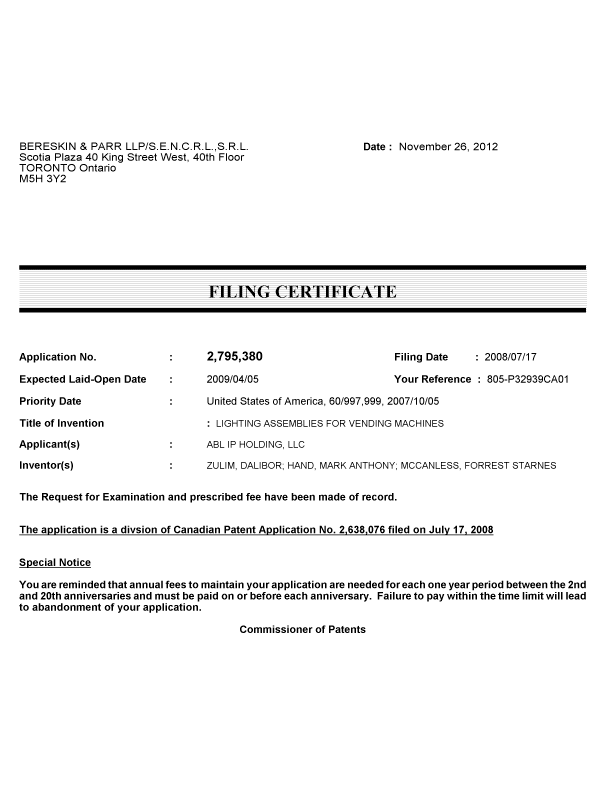 Document de brevet canadien 2795380. Correspondance 20121126. Image 1 de 1