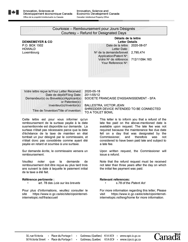 Document de brevet canadien 2795474. Lettre du bureau 20200807. Image 1 de 1