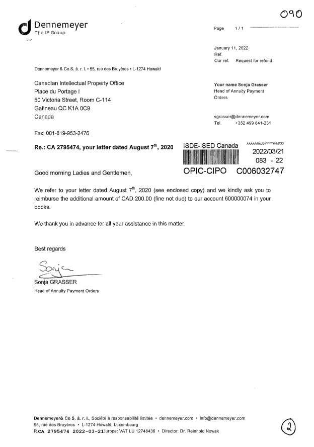 Document de brevet canadien 2795474. Remboursement 20220321. Image 1 de 2