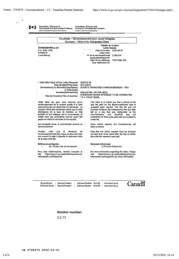 Canadian Patent Document 2795474. Refund 20220321. Image 2 of 2
