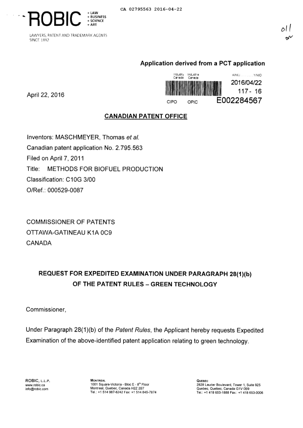 Canadian Patent Document 2795563. Special Order 20160422. Image 1 of 3