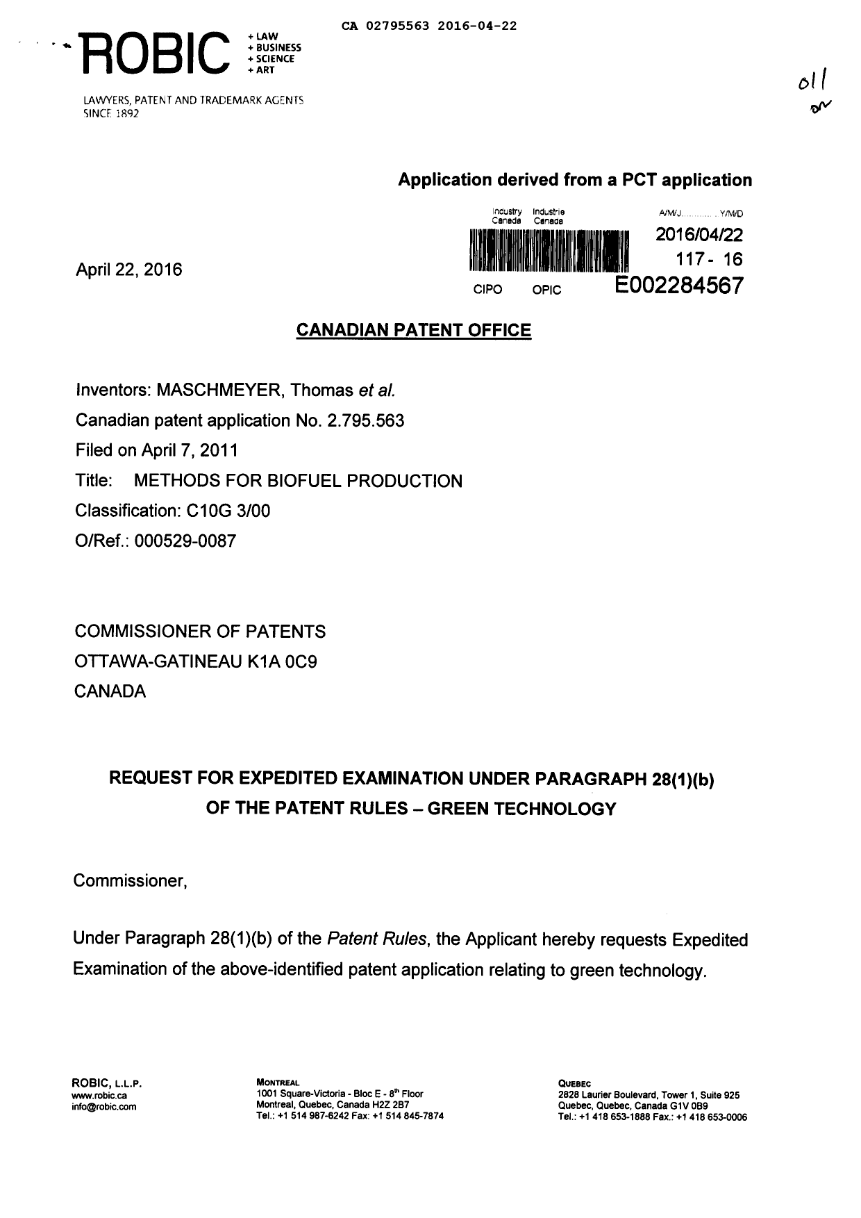Canadian Patent Document 2795563. Special Order 20160422. Image 1 of 3