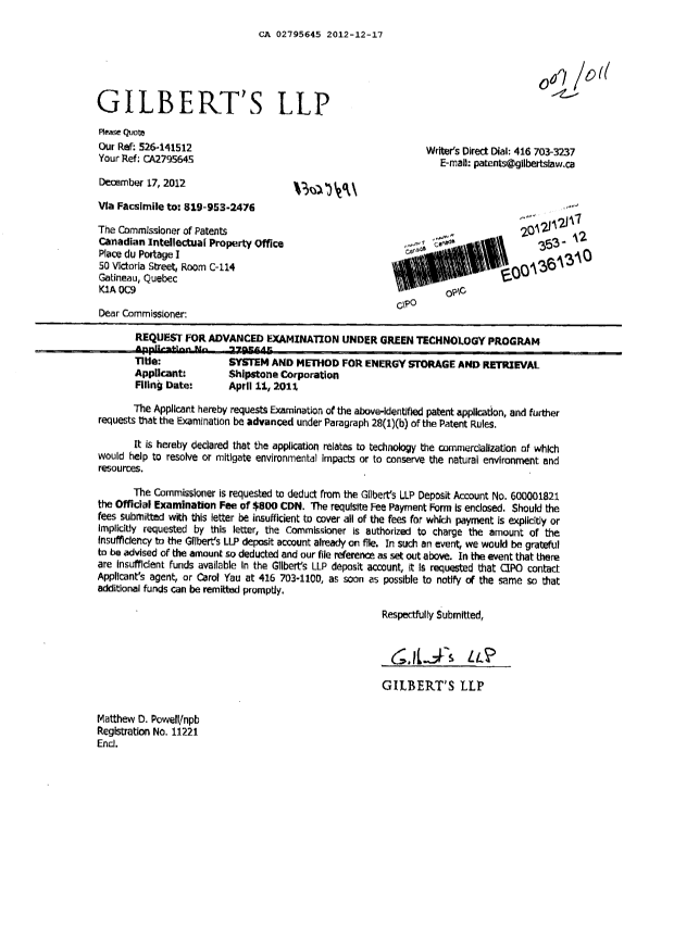 Canadian Patent Document 2795645. Prosecution-Amendment 20111217. Image 1 of 2