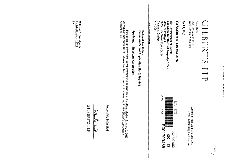 Document de brevet canadien 2795645. Poursuite-Amendment 20121202. Image 1 de 2