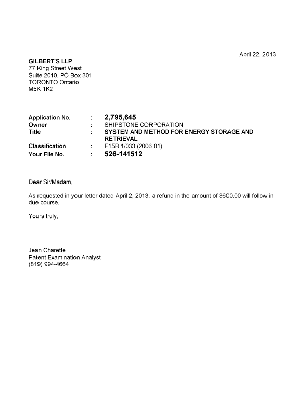 Document de brevet canadien 2795645. Correspondance 20121222. Image 1 de 1