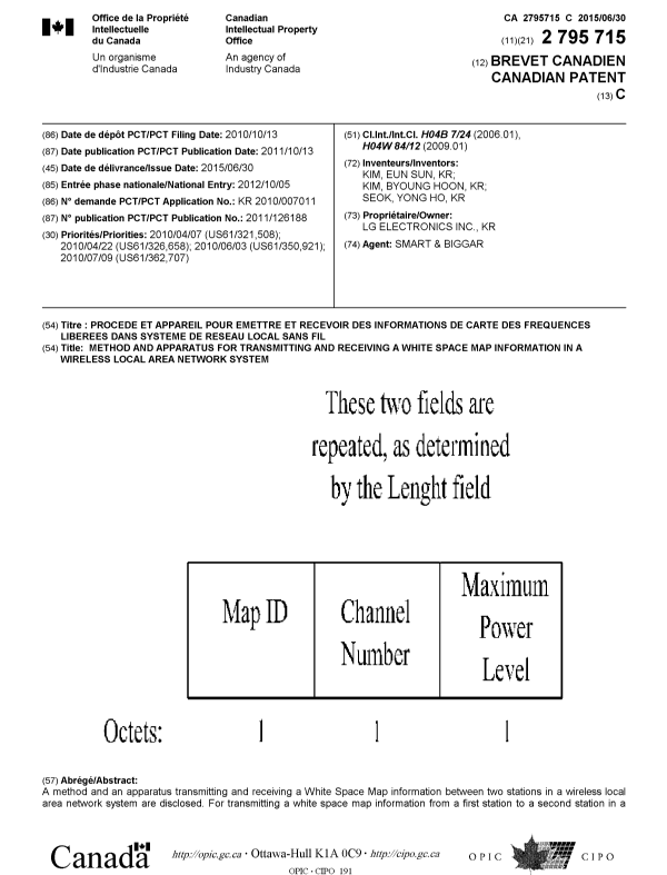 Document de brevet canadien 2795715. Page couverture 20150612. Image 1 de 2