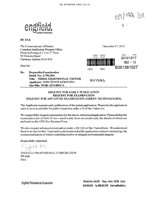 Document de brevet canadien 2796304. Correspondance 20111217. Image 1 de 2