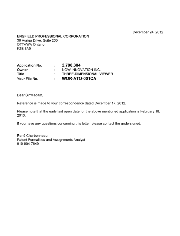 Document de brevet canadien 2796304. Correspondance 20111224. Image 1 de 1