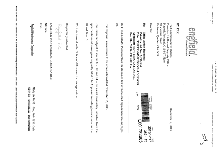 Document de brevet canadien 2796304. Poursuite-Amendment 20121217. Image 1 de 2