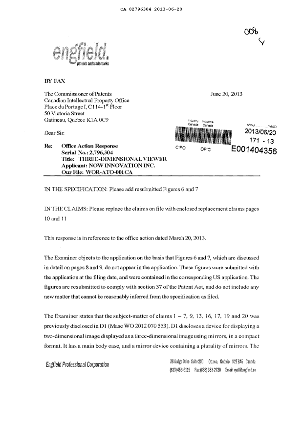 Document de brevet canadien 2796304. Poursuite-Amendment 20121220. Image 1 de 10