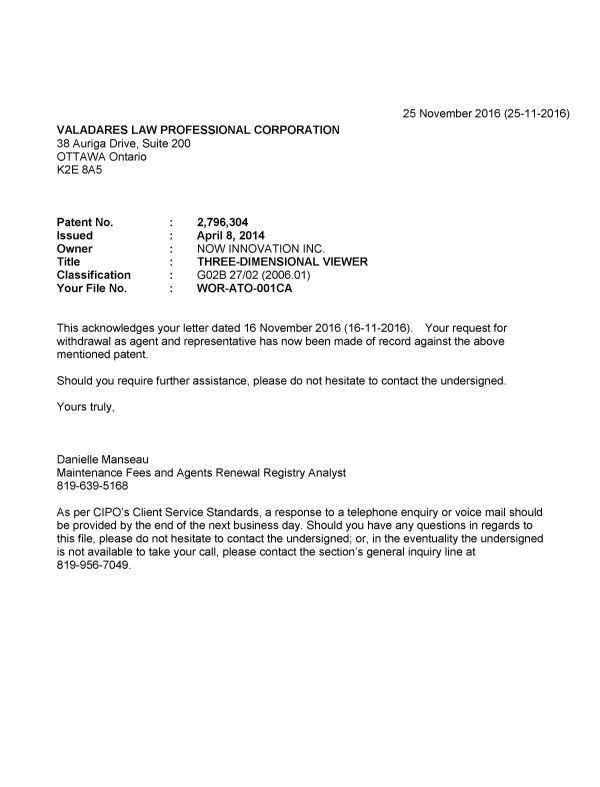 Document de brevet canadien 2796304. Correspondance 20151225. Image 1 de 1