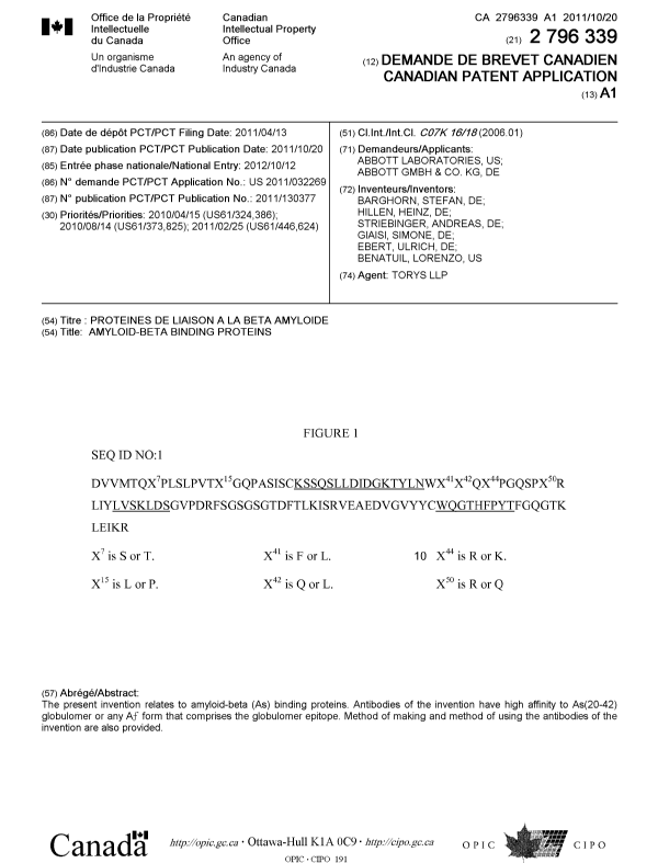 Canadian Patent Document 2796339. Cover Page 20121210. Image 1 of 1