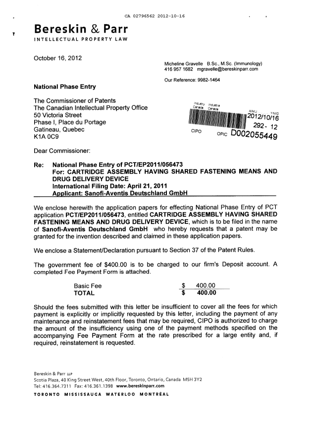 Document de brevet canadien 2796562. Cession 20121016. Image 1 de 5