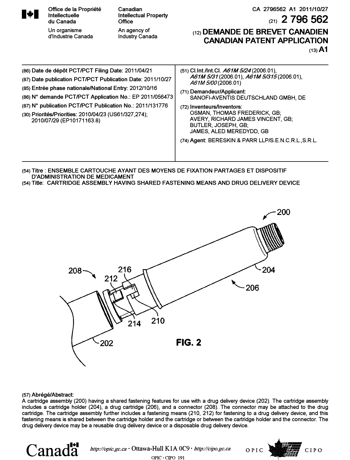 Canadian Patent Document 2796562. Cover Page 20121212. Image 1 of 1