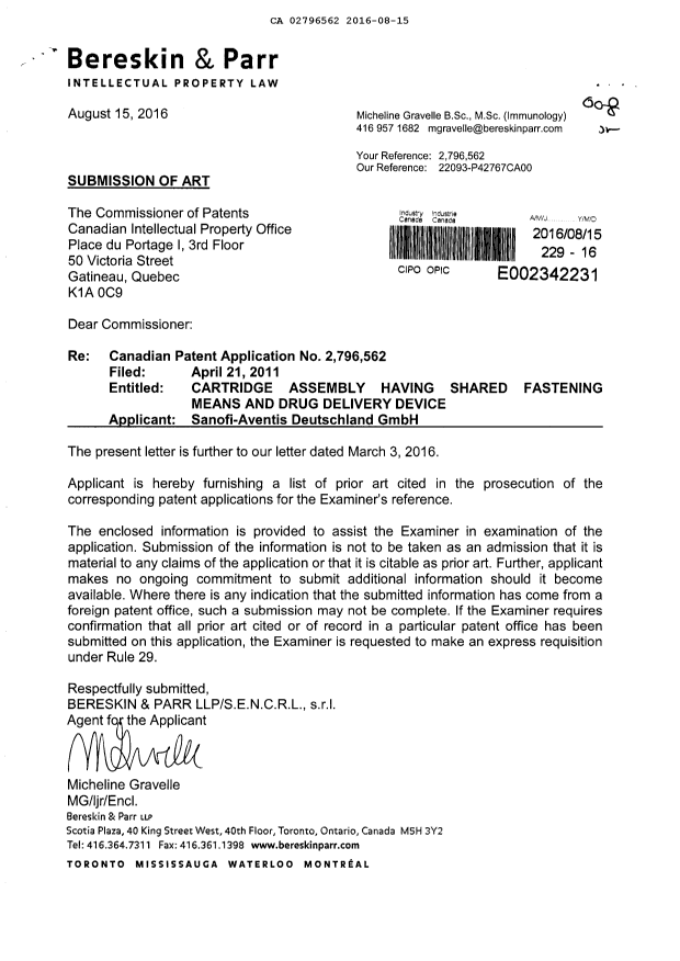 Document de brevet canadien 2796562. Modification 20160815. Image 1 de 1
