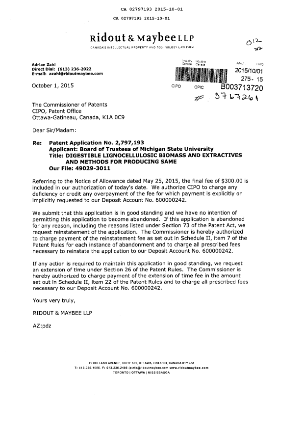 Document de brevet canadien 2797193. Correspondance 20141201. Image 1 de 1