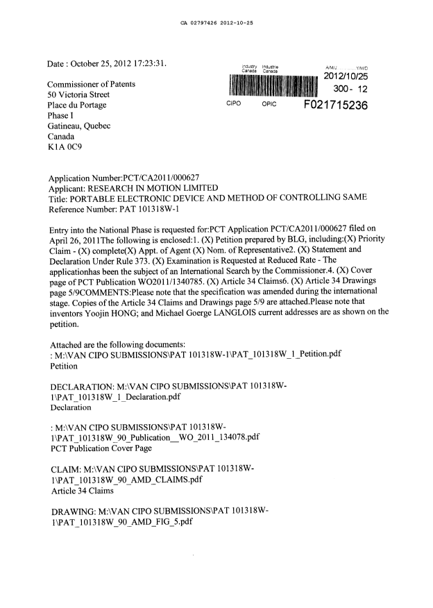 Canadian Patent Document 2797426. Prosecution-Amendment 20121025. Image 1 of 6