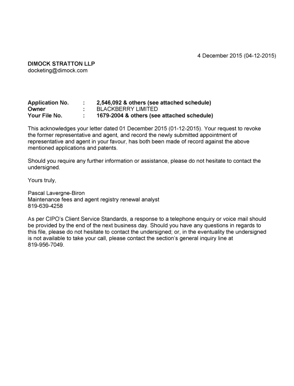 Canadian Patent Document 2797426. Office Letter 20151204. Image 1 of 2