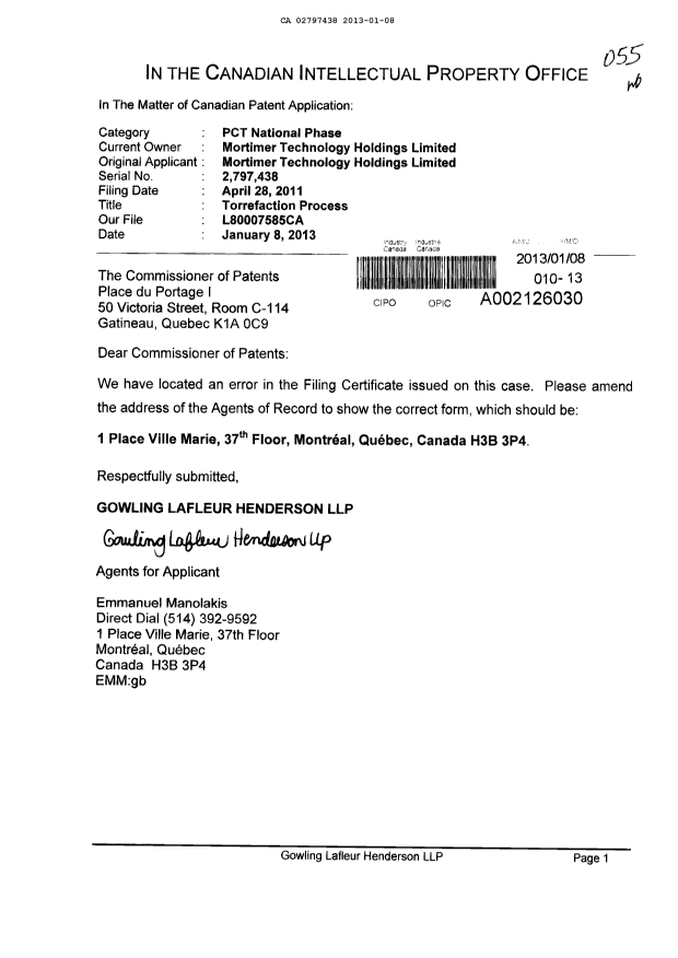 Document de brevet canadien 2797438. Correspondance 20130108. Image 1 de 1