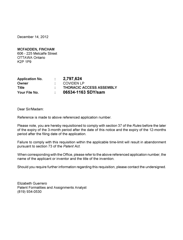 Canadian Patent Document 2797624. Correspondence 20111214. Image 1 of 1