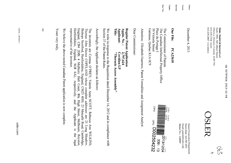 Document de brevet canadien 2797624. Correspondance 20121204. Image 1 de 1