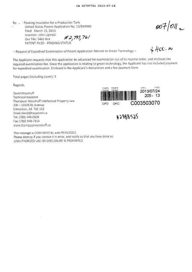 Document de brevet canadien 2797761. Poursuite-Amendment 20121224. Image 1 de 2