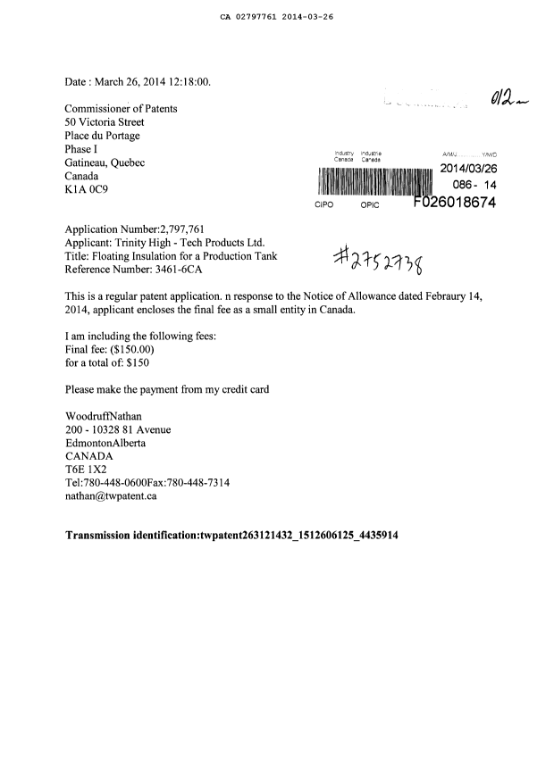Document de brevet canadien 2797761. Correspondance 20131226. Image 1 de 1