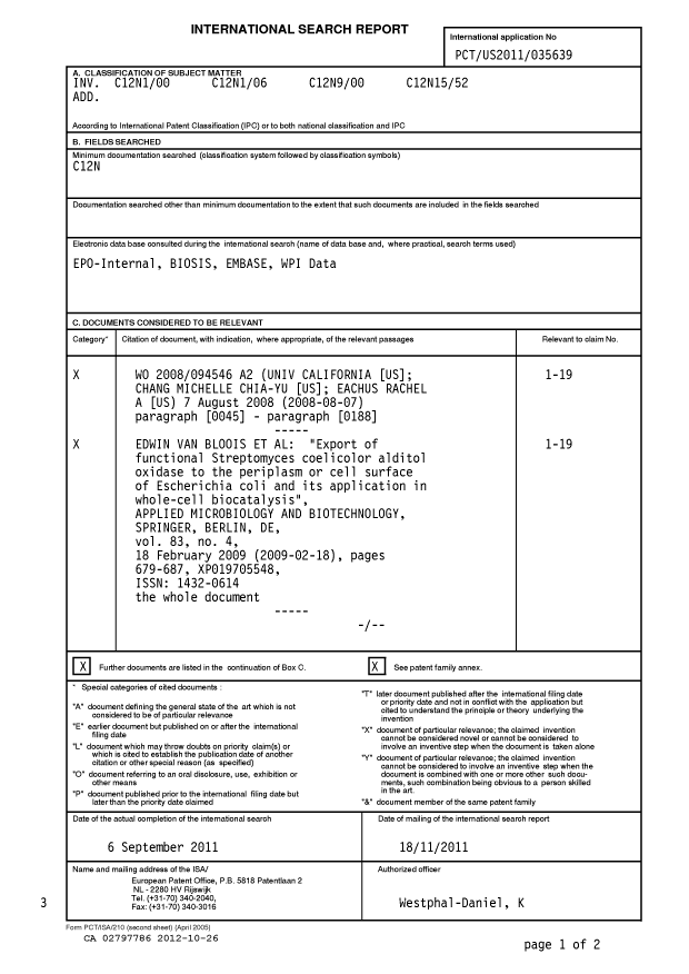 Canadian Patent Document 2797786. PCT 20111226. Image 1 of 6