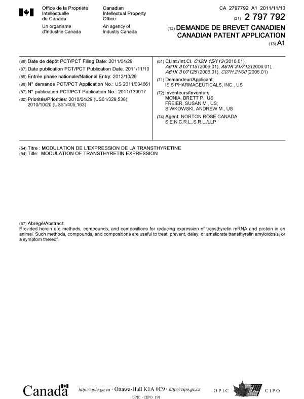 Document de brevet canadien 2797792. Page couverture 20130103. Image 1 de 1